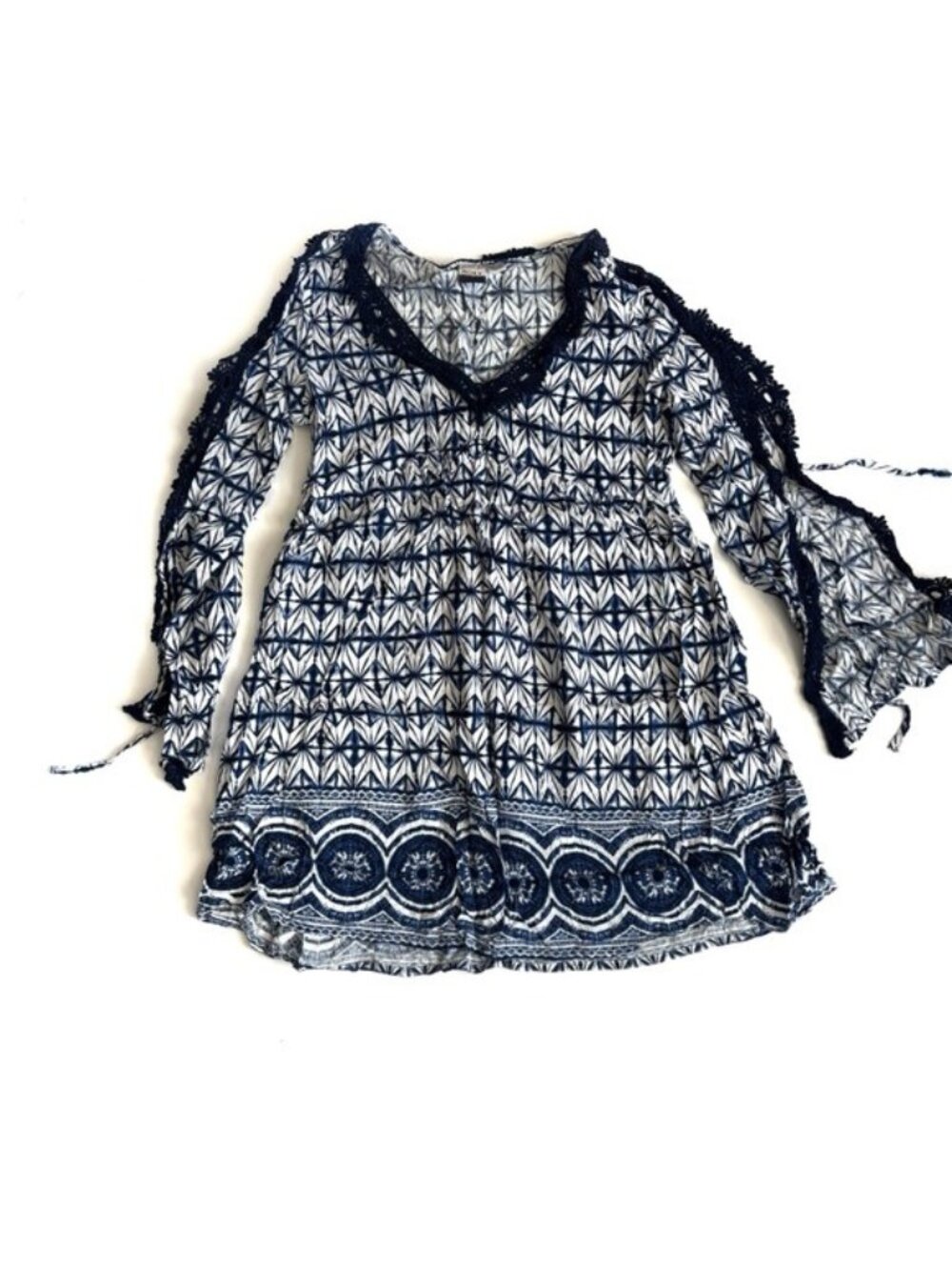 Roxy Blue & White Patterned Printed Tie Sleeve Dress - XS